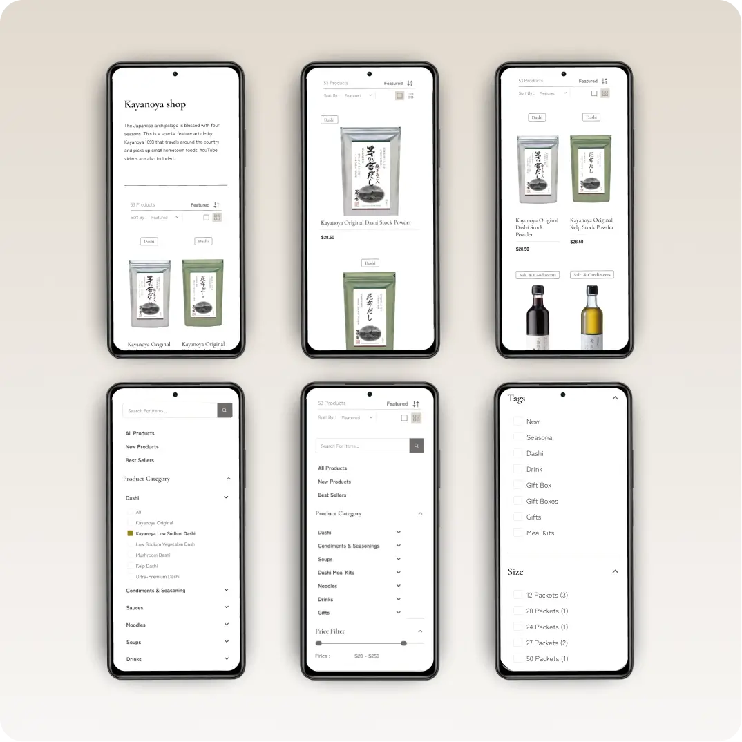 Mobile shop — collection, product cards, filters, and tags