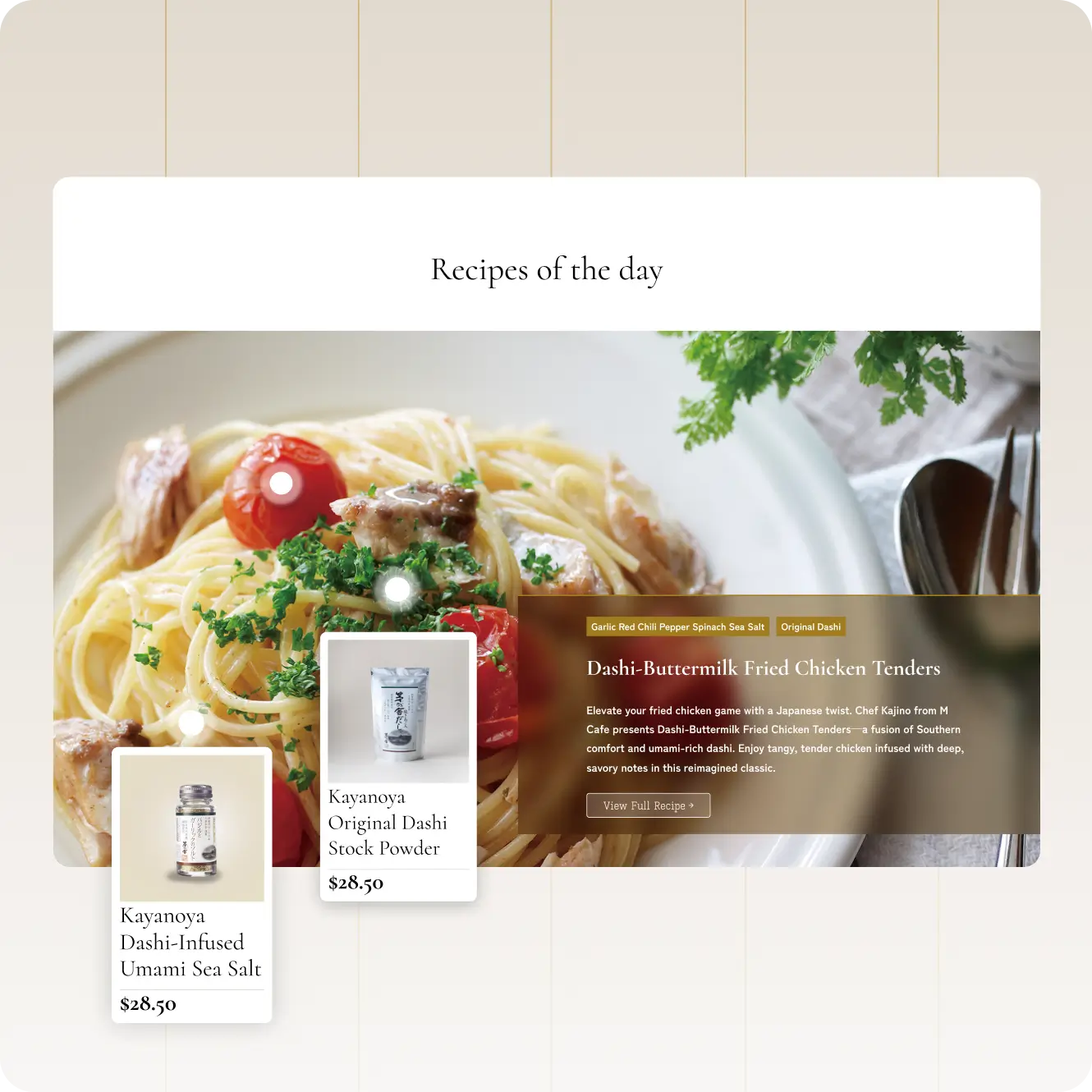 Recipes of the day — hovering a recipe image reveals the Kayanoya products used in the dish