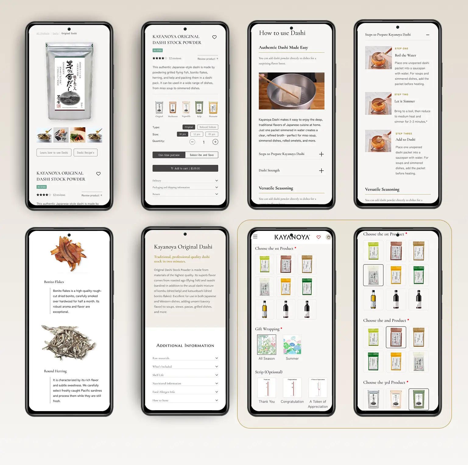 Kayanoya product pages — dashi detail, how-to-use, and gift builder