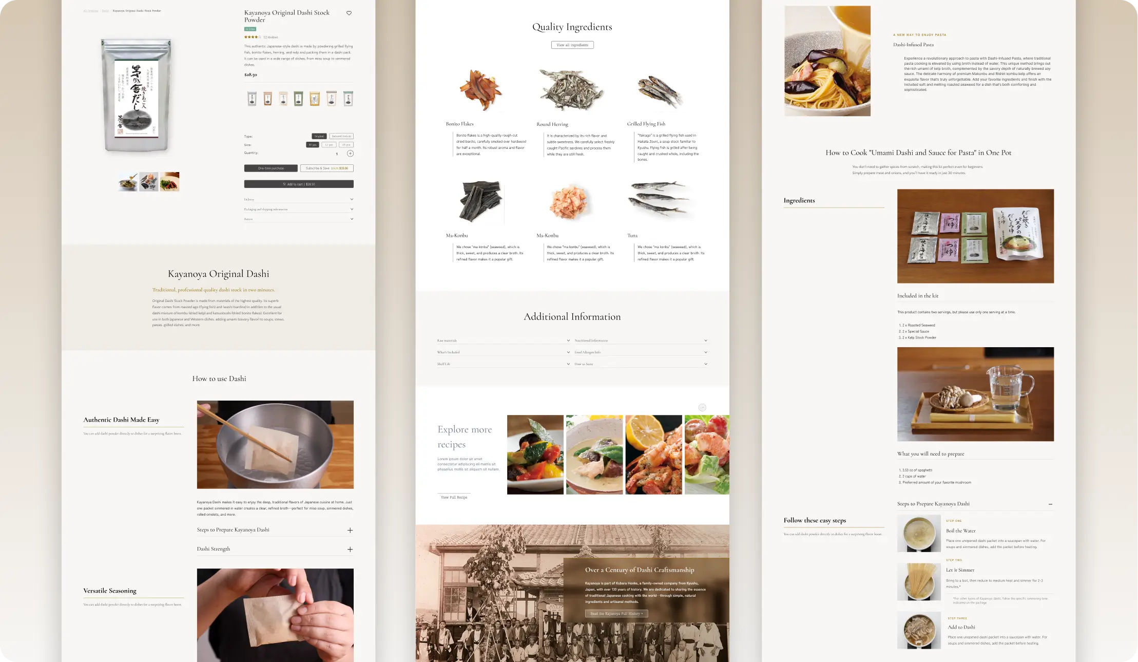 Product page, Quality Ingredients and Additional Information, and a dashi recipe page