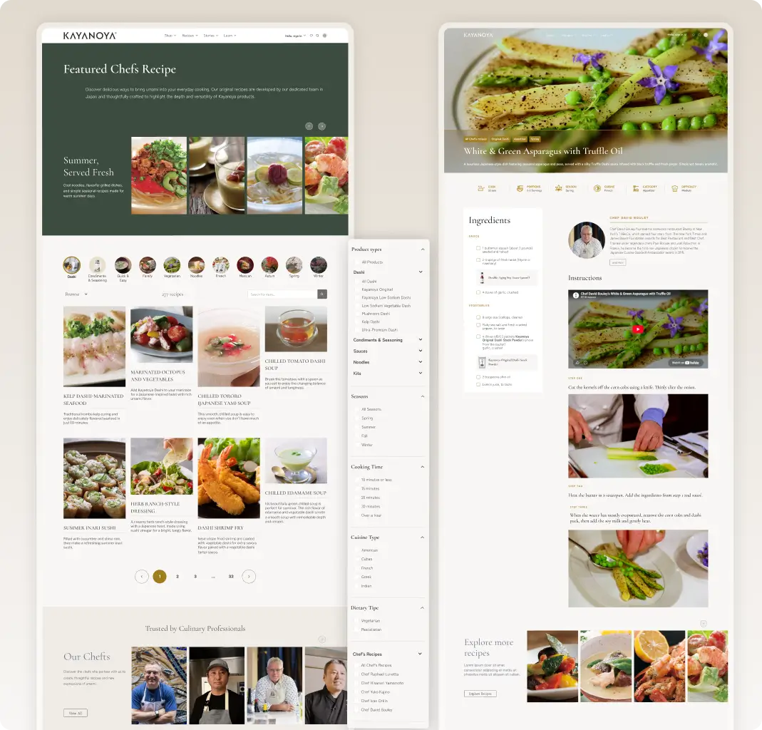 Featured Chefs Recipe with seasonal grid, recipe filters, and a recipe detail page with ingredients and chef walkthrough