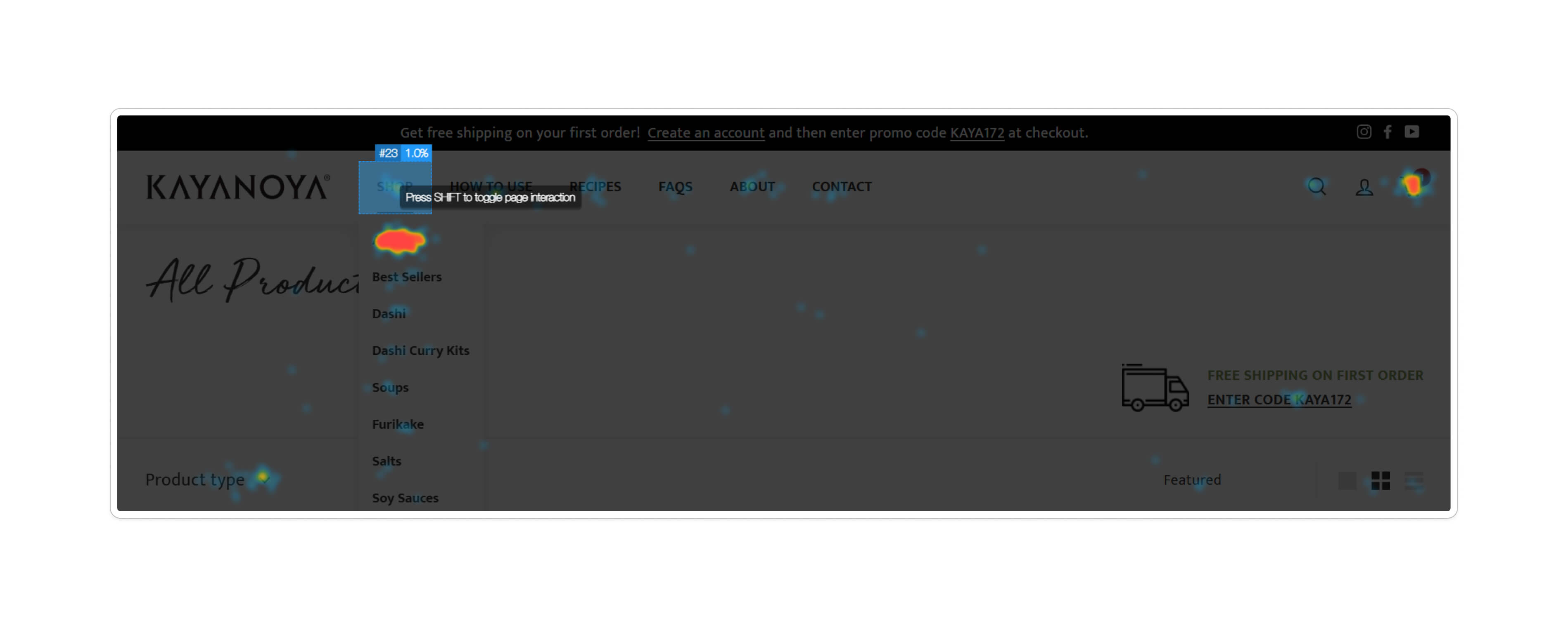 Heatmap showing Shop and How to Use Dashi as the most-clicked navigation items